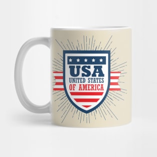 Red and blue shield with stars and USA sign over white  background. Vector illustration. Mug